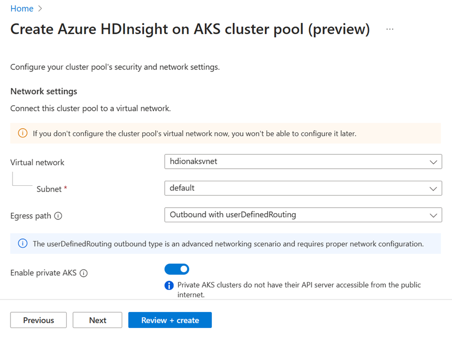 Capture d’écran montrant l’AKS privé activé.