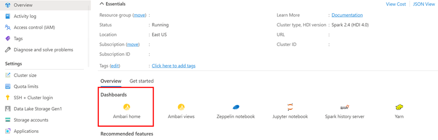 Capture d'écran montrant l'emplacement du tableau de bord d'Ambari.