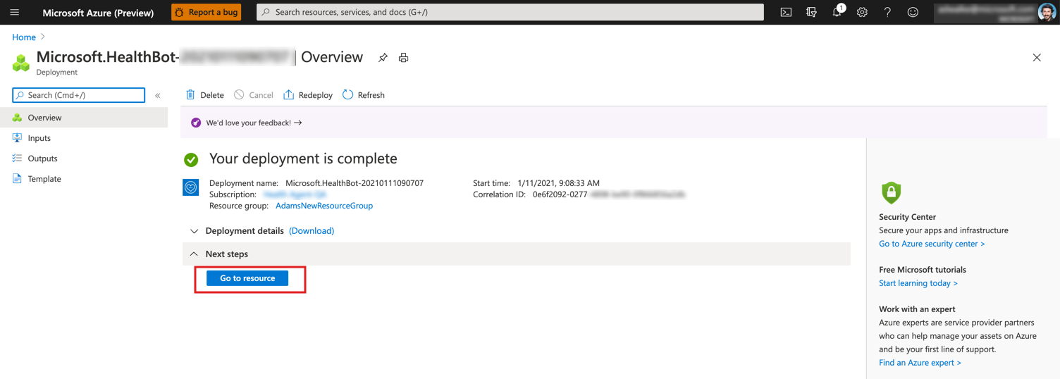 A screenshot of Azure deploying Azure AI Health Bot