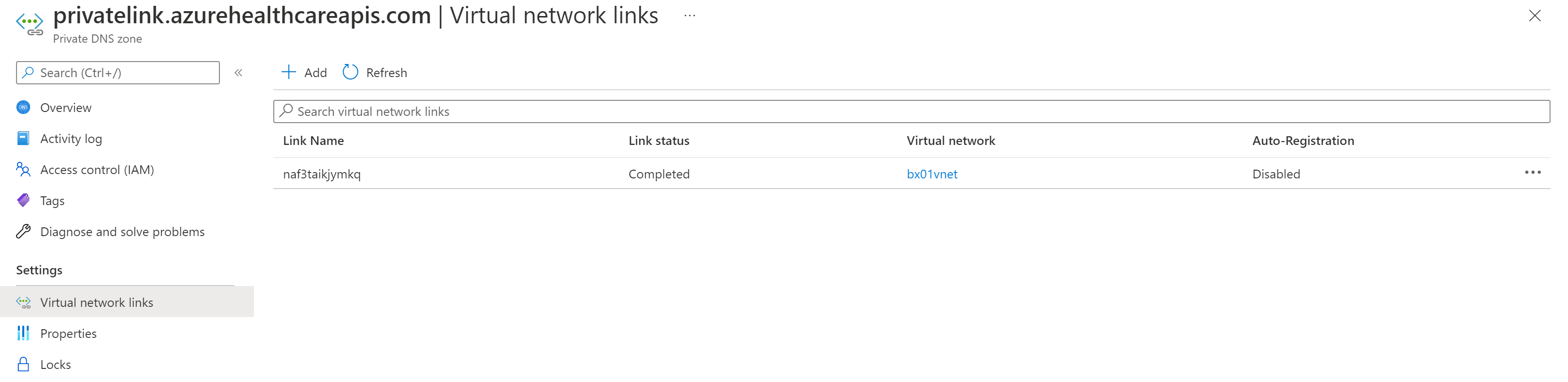 Capture d’écran montrant l’image de Private Link Virtual Network Link FHIR.