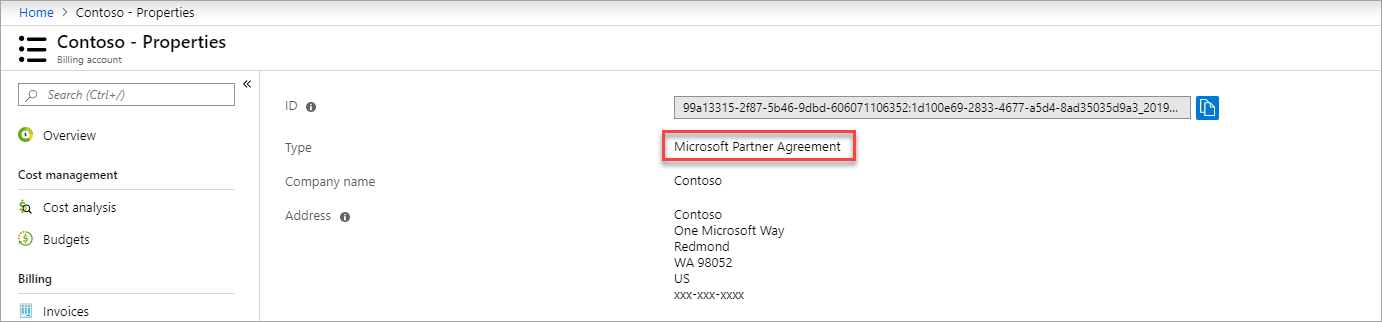 Capture d’écran montrant la page de propriétés d’un Contrat Partenaire Microsoft