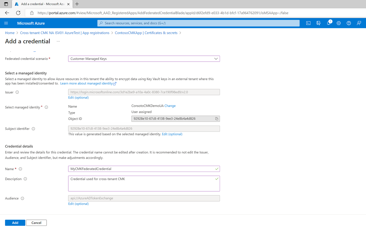 Screen shot showing how to add a credential.