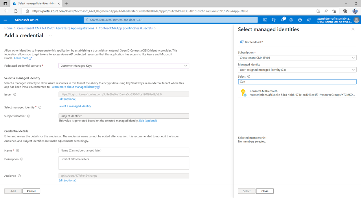 Screen shot showing how to select a managed identity.
