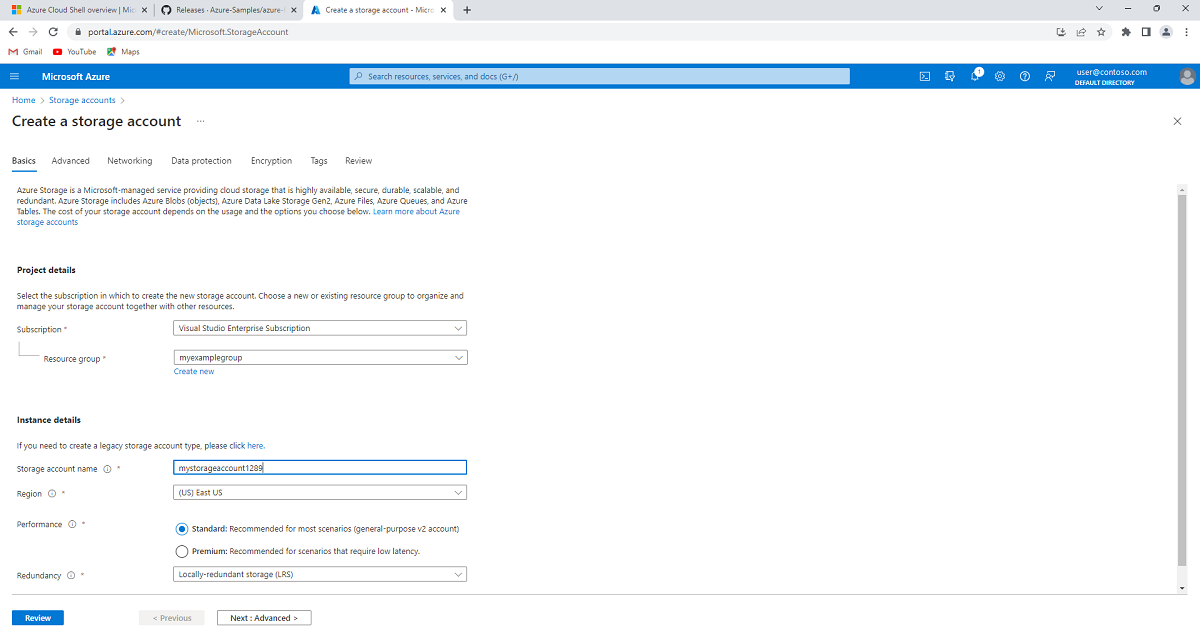 Screenshot showing how to enter the project and instance details for a storage account using the Azure portal.