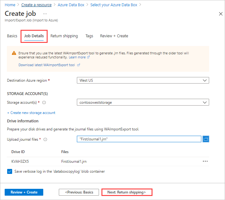 Capture d’écran de l’onglet Détails de la tâche une fois la tâche d’importation terminée dans Azure Data Box. L’onglet Détails de la tâche et le bouton Suivant : Réexpédition sont mis en évidence.