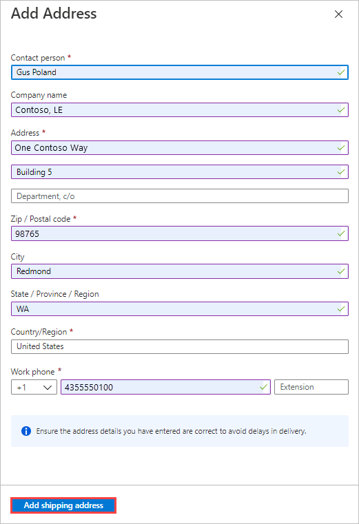 Copie d’écran montrant une adresse dans le panneau Ajouter une adresse d’une tâche d’importation dans Azure Data Box. Le bouton Ajouter une adresse de livraison est mis en évidence.