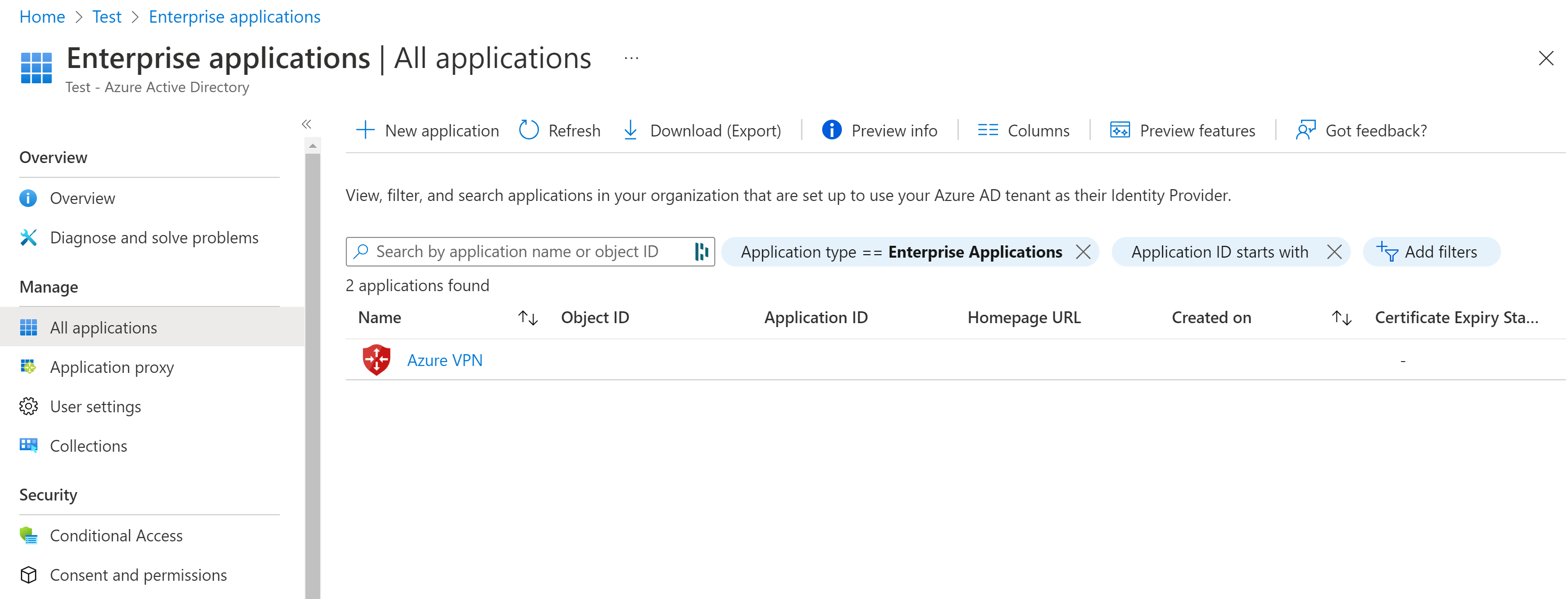 Screenshot of the Enterprise application page showing Azure V P N listed.