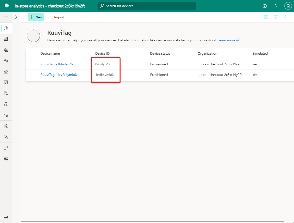 Capture d’écran montrant les ID d’appareils dans la liste des appareils dans une application IoT Central.