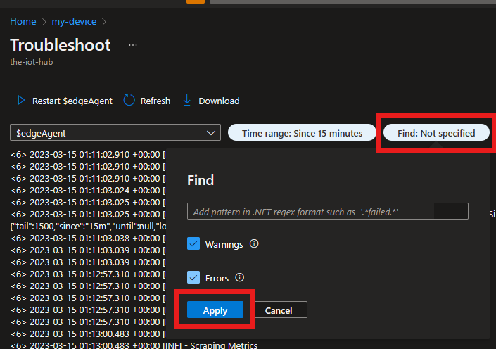 Capture d’écran montrant comment utiliser un modèle regex dotnet pour rechercher dans les journaux à l’aide du filtre Recherche.