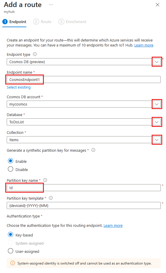 Capture d’écran montrant les détails du formulaire Ajouter un point de terminaison Cosmos DB.
