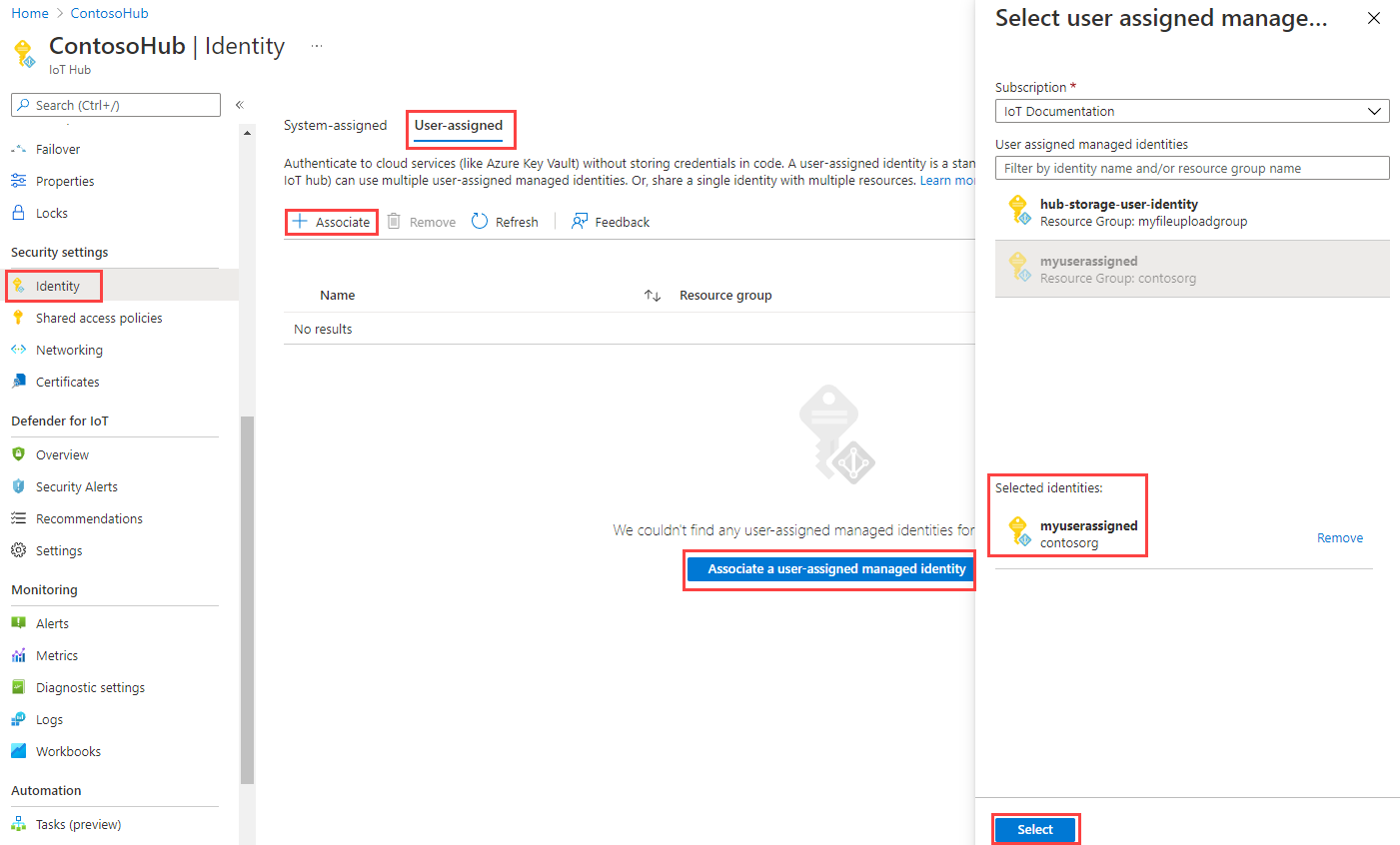 Capture d’écran montrant comment ajouter une identité managée affectée par l’utilisateur pour un hub IoT.