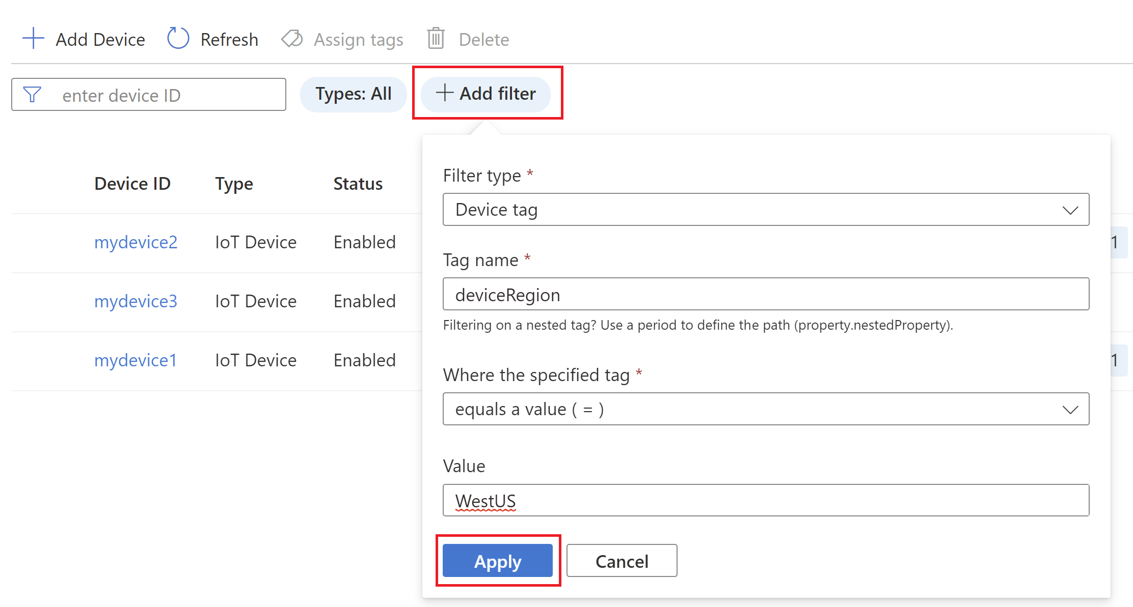 Capture d’écran d'appareils filtrés avec des balises.