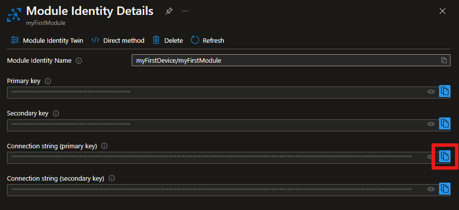 Capture d’écran de la page Détails de l’identité de module sur le portail Azure.