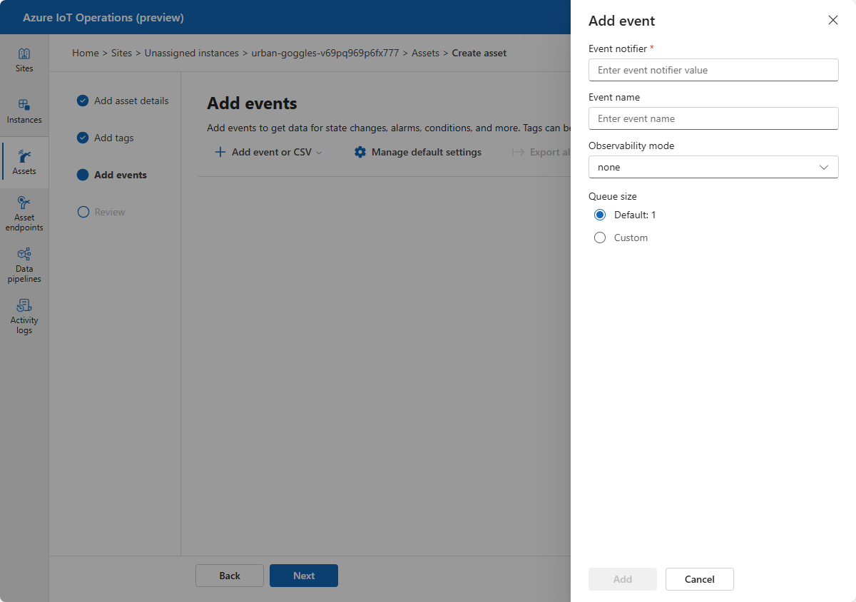 Capture d’écran de l’ajout d’événements dans le portail Opérations Azure IoT (préversion).