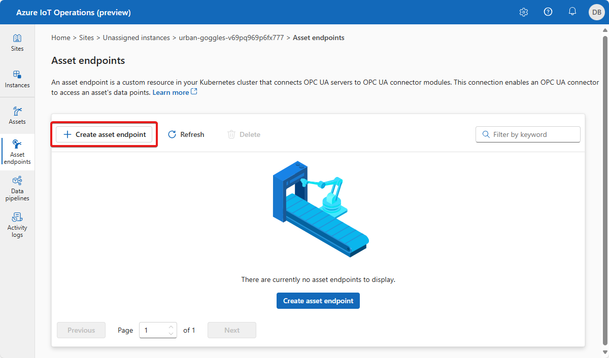 Capture d’écran illustrant la page des points de terminaison des ressources dans le portail Opérations Azure IoT (préversion).