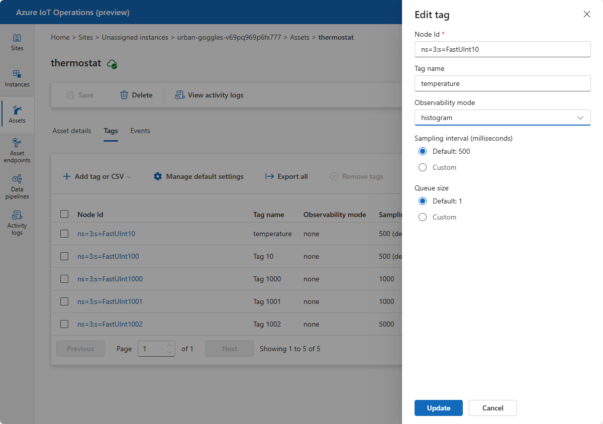 Capture d’écran montrant comment mettre à jour une balise existante dans le portail Opérations Azure IoT (préversion).