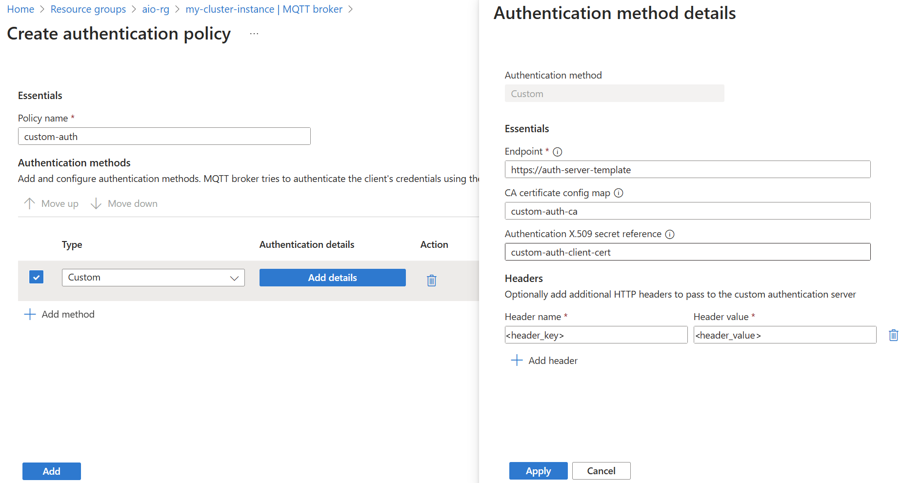Capture d’écran montrant l’utilisation du portail Azure pour définir la méthode d’authentification personnalisée de l’Agent MQTT.