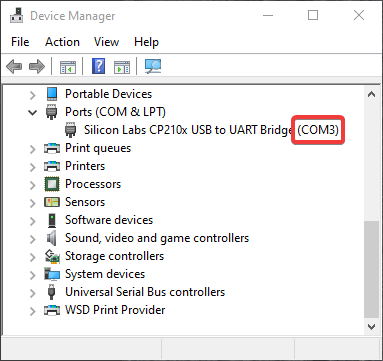 Capture d’écran du Gestionnaire de périphériques Windows affichant le port COM d’un appareil connecté.