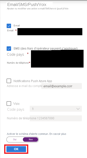 Capture d’écran mettant en évidence les sélections pour l’ajout d’une alerte par e-mail et par SMS.