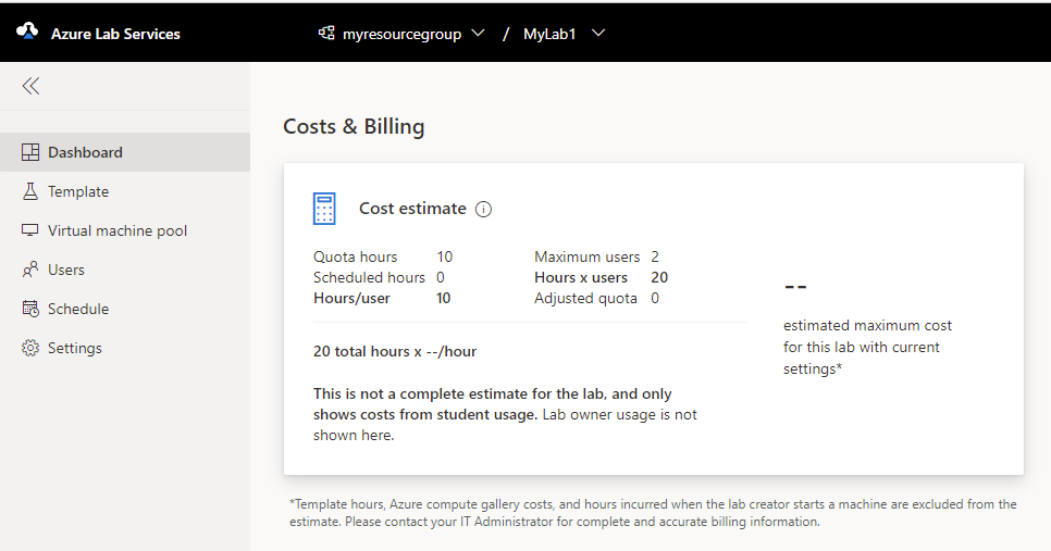 Capture d’écran montrant le tableau de bord d’estimation des coûts dans Azure Lab Services.