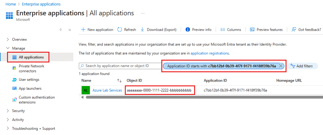 Capture d’écran montrant la liste des applications d’entreprise dans le portail Azure, avec le filtre d’ID d’application mis en évidence.