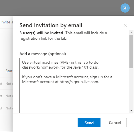 Capture d’écran montrant la fenêtre Envoyer le lien d’inscription par e-mail sur le site web Azure Lab Services.
