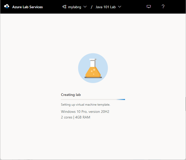Capture d’écran de la page de progression de la création du labo Azure Lab Services.