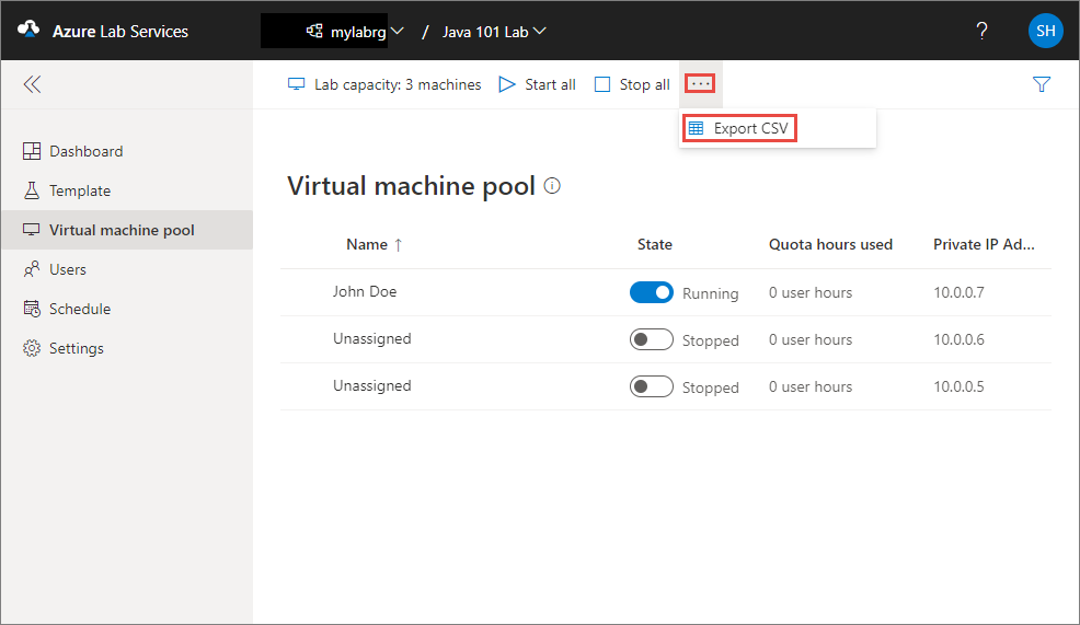 Capture d’écran de la page du pool de machines virtuelles dans Azure Lab Services. L’élément de menu Exporter CSV est en surbrillance.