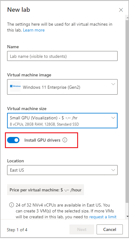 Screenshot of the New lab page in the Lab Services website, highlighting the Install GPU drivers option.