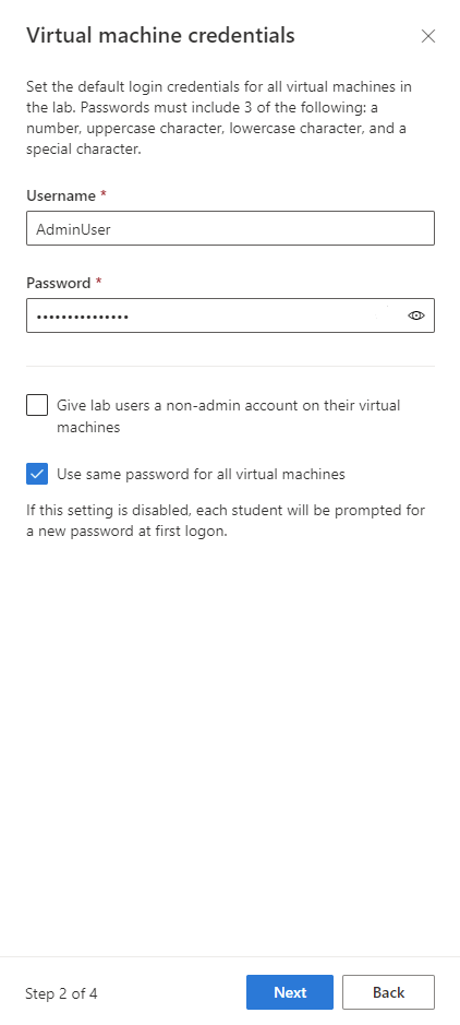 Capture d’écran de la fenêtre des informations d'identification de la machine virtuelle dans Azure Lab Services.