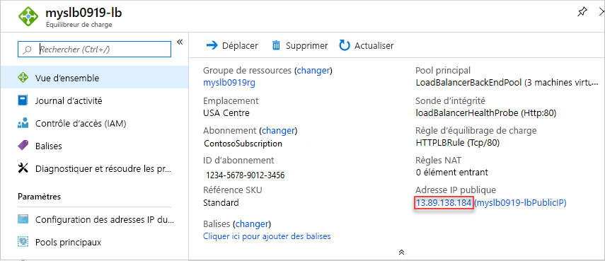 Adresse IP publique du modèle Resource Manager Azure Standard Load Balancer