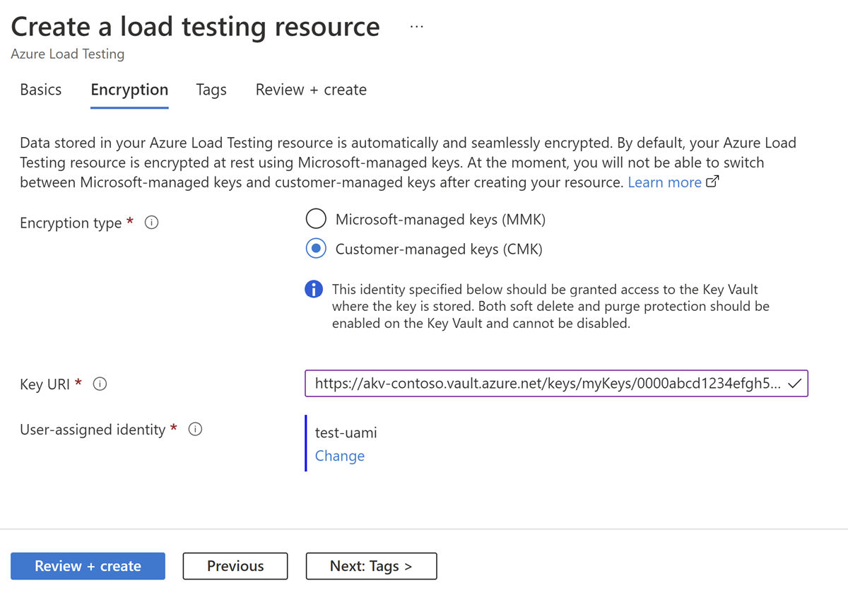 Screenshot that shows how to enable customer managed key encryption while creating an Azure load testing resource.