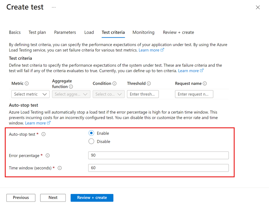 Screenshot of the 'Test criteria' pane for a load test in the Azure portal, highlighting the auto stop functionality.