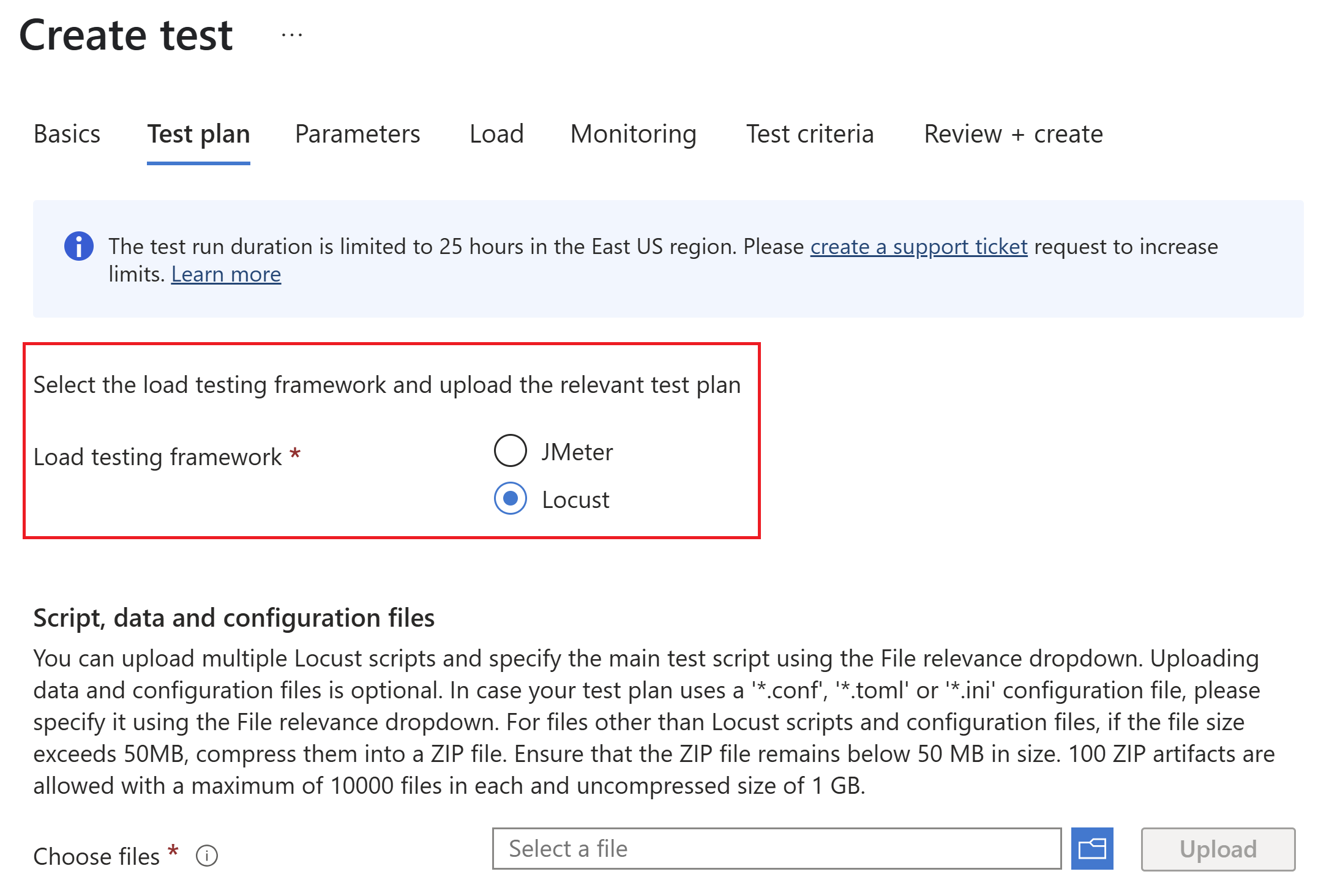 Capture d’écran montrant l’option permettant de sélectionner le framework Locust.