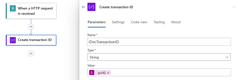 Capture d’écran montrant un workflow avec l’action nommée Créer un ID de transaction.