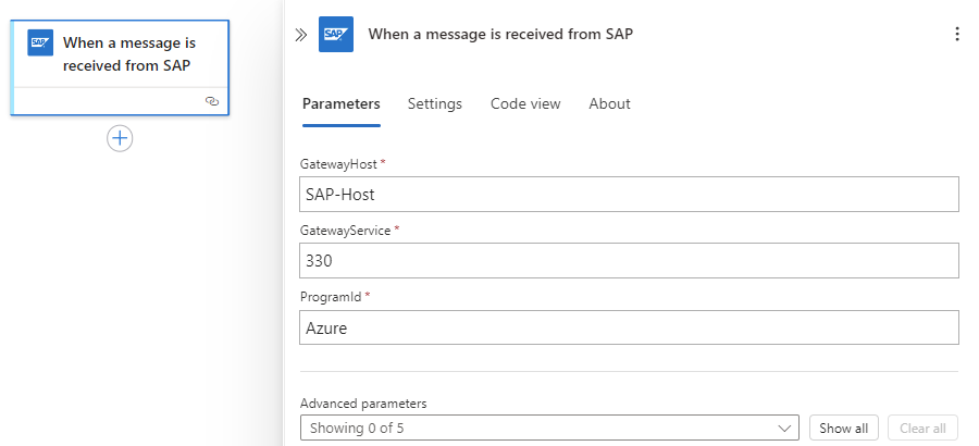 Capture d’écran montrant le workflow un déclencheur de connecteur managé&nbsp;SAP configuré de manière minimale.