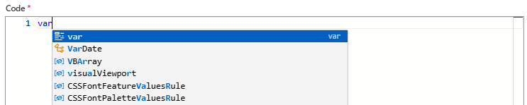 Capture d'écran montrant le flux de travail de la consommation, l'action Exécuter le code JavaScript et la liste autocomplète des mots clés.