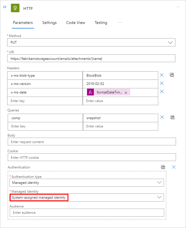 Screenshot shows Standard workflow, HTTP action, and opened Managed identity list open with selected option for System-assigned managed identity.