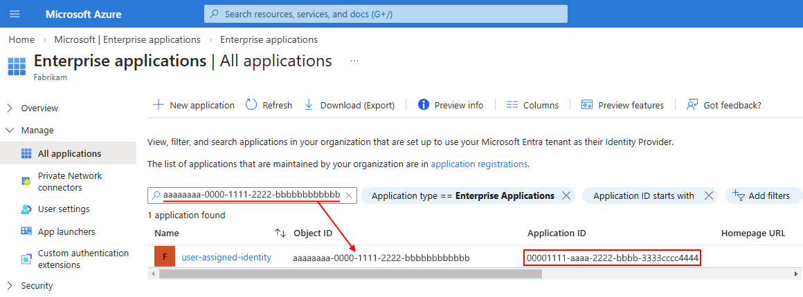 Capture d’écran montrant la page client Entra nommée Toutes les applications, avec l’ID d’objet d’application d’entreprise dans la zone de recherche et l’ID d’application correspondant sélectionné.