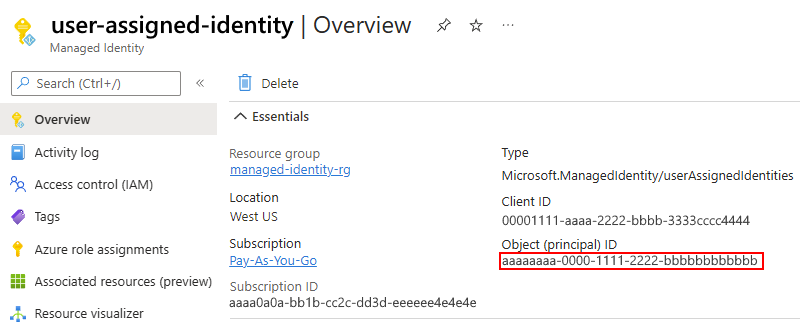 Capture d’écran montrant la page Vue d’ensemble de l’identité affectée par l’utilisateur de l’application logique Consommation avec l’ID de l’objet (principal) sélectionné.