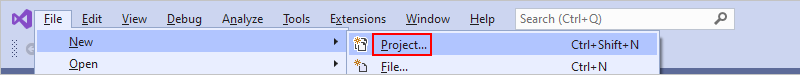 Capture d’écran montrant le menu « Fichier » ouvert avec le menu « Nouveau » et l’option « Projet » sélectionnés.