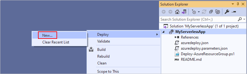 Capture d’écran montrant l’Explorateur de solutions avec le menu contextuel du projet et le menu « Déployer » ouverts et l’option « Nouveau » sélectionnée.