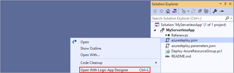 Capture d’écran montrant le menu contextuel « azuredeploy.json » avec l’option « Ouvrir avec le concepteur d’applications logiques » sélectionnée.