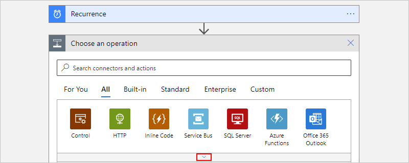 Capture d’écran montrant Portail Azure, le concepteur du workflow Consommation, et la flèche vers le bas sélectionnée pour afficher davantage de connecteurs avec des actions.