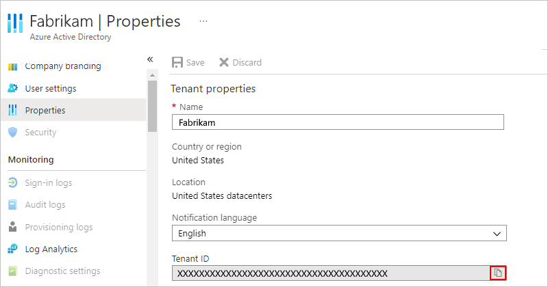 Capture d’écran montrant le volet « Propriétés » de Microsoft Entra ID avec le bouton de copie de l’ID de tenant sélectionné.