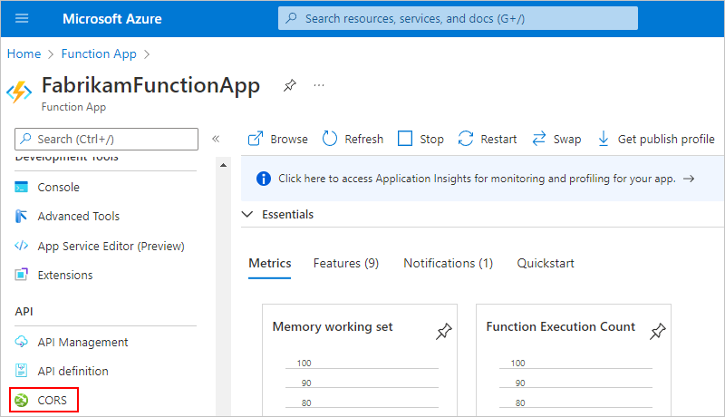 Capture d’écran montrant le portail Azure, le menu de ressource d’application de fonction avec l’option « CORS » sélectionnée.