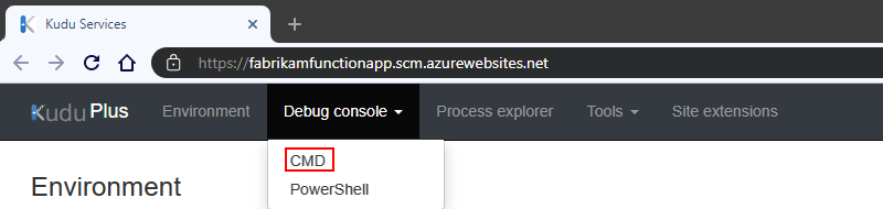 Capture d’écran montrant la page Kudu Services avec le menu « Debug Console » ouvert et l’option « CMD » sélectionnée.