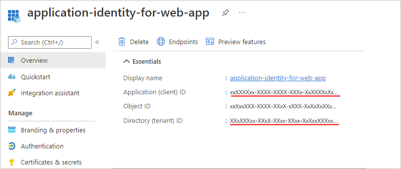 Capture d’écran montrant le volet « Vue d’ensemble » de l’identité d’application ouvert avec les valeurs « ID d’application (client) » et « ID d’annuaire (locataire) » soulignées.