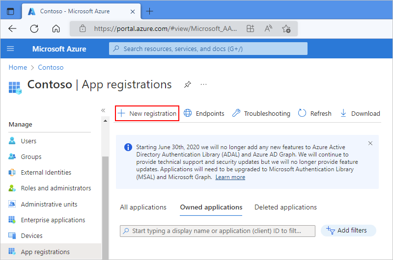 Capture d’écran montrant le portail Azure avec l’instance Microsoft Entra, le volet « Inscription d’application » et l’option « Nouvelle inscription d’application» sélectionnée.