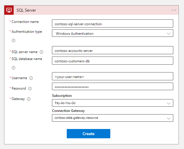 Capture d’écran d’un connecteur SQL Server. Les zones « Abonnement », « Passerelle de connexion », « Nom de la connexion » et d’autres zones ont des valeurs.